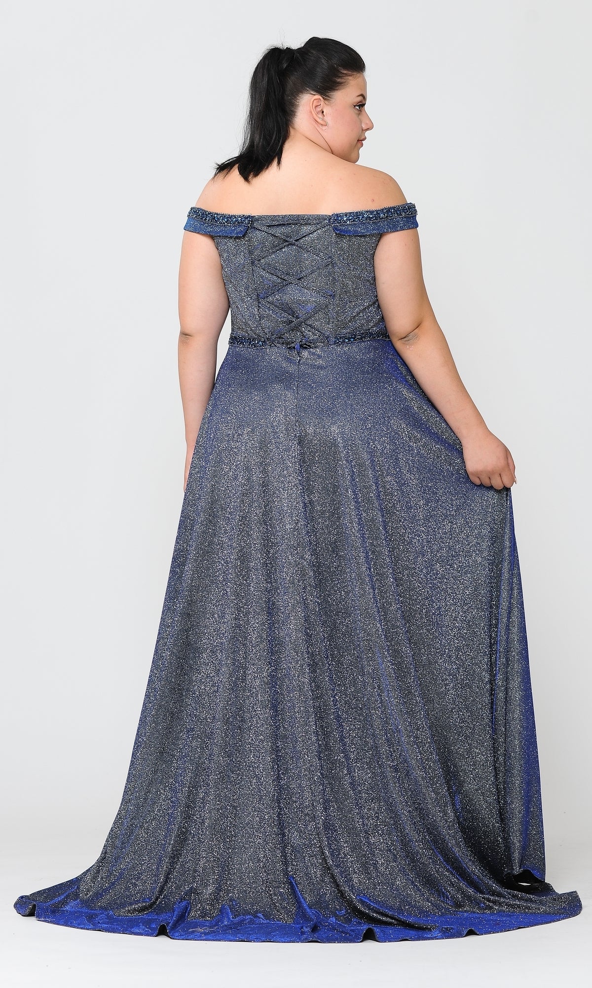 A woman wearing the Plus-Size Long Glitter-Knit Prom Dress W1096 in blue and silver, featuring an off-the-shoulder, floor-length design, is shown from the back against a plain light background.